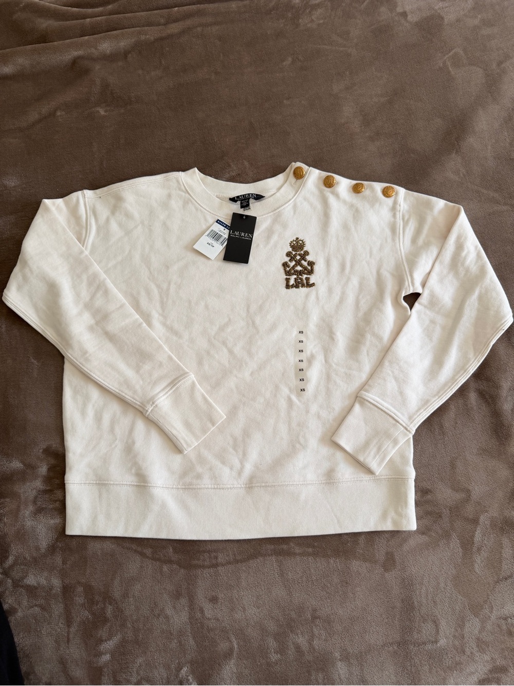 Lauren Ralph Lauren Cream Crewneck Sweatshirt with Gold Button Accents NWT XS